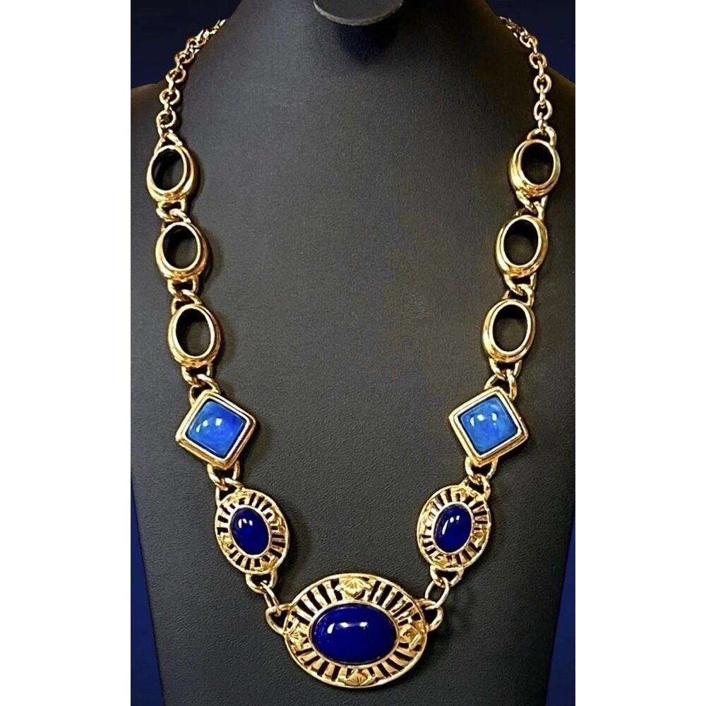 Vintage Gold Tone Necklace Blue Cabochon Etruscan Revival Filigree Statement